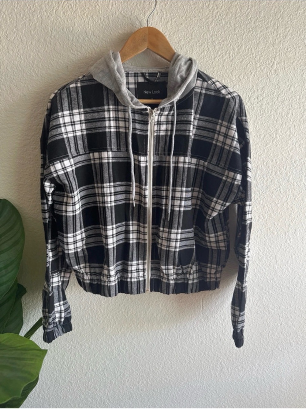 New Look Black & White Plaid Hooded Zip Jacket